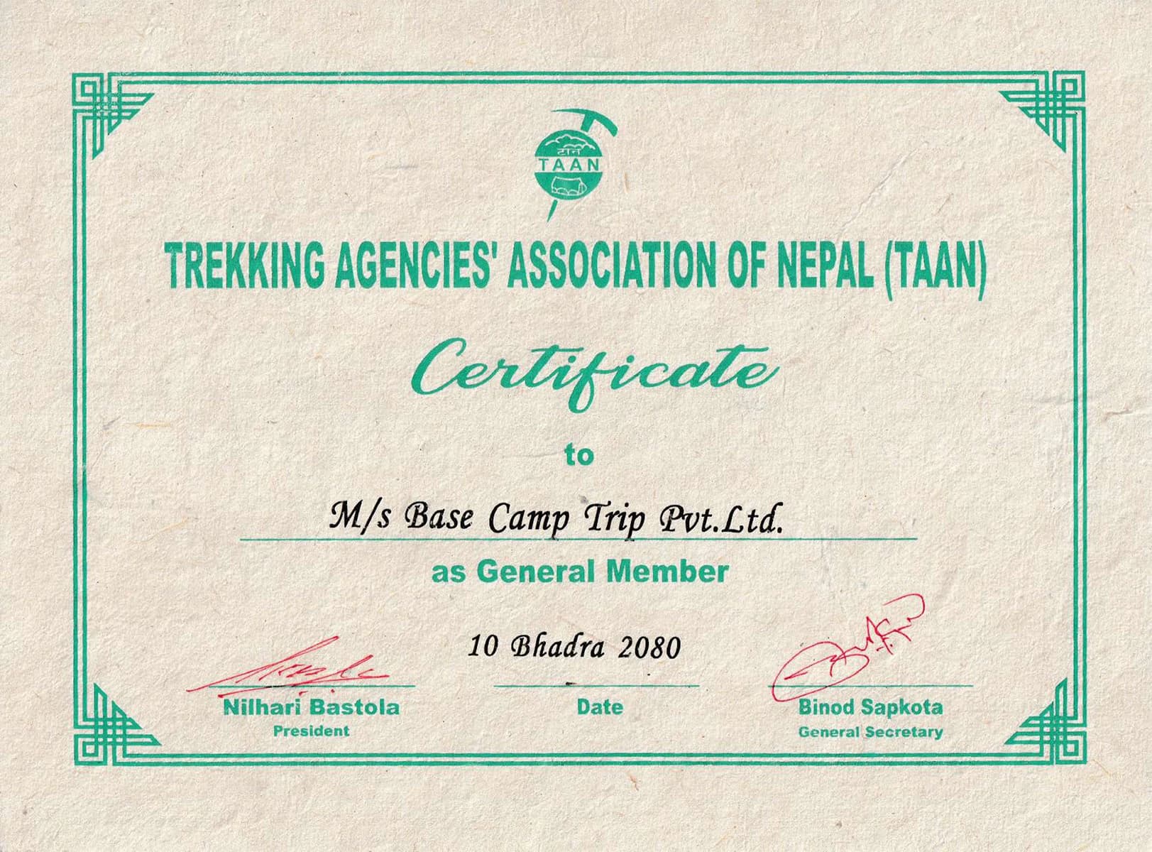 Certificate of TAAN